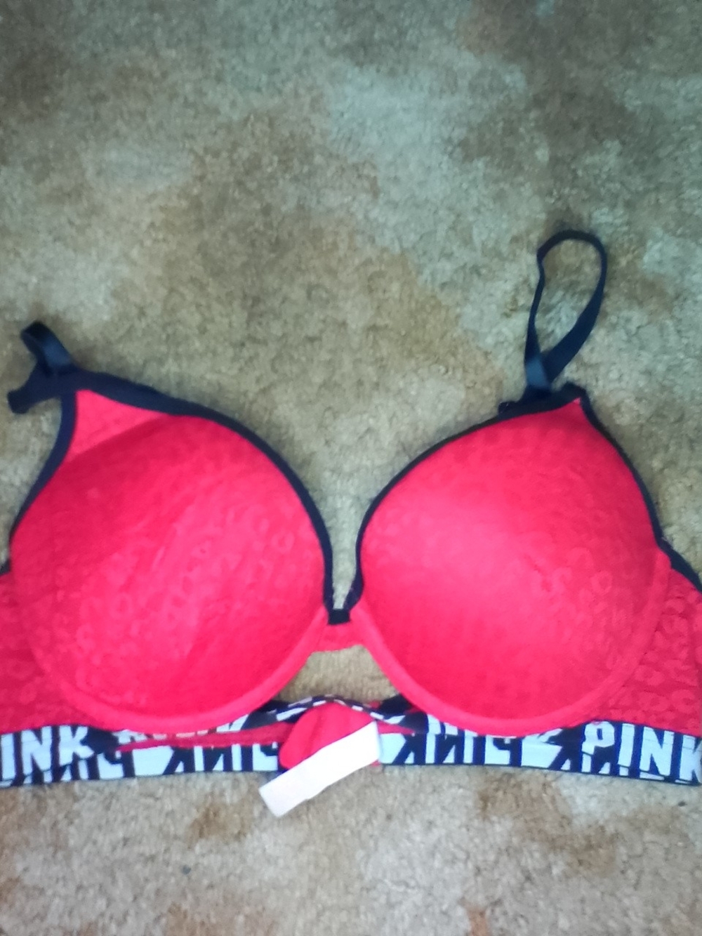 Red Hot Lace Push-Up Bra with Logo Trim 34C PINK